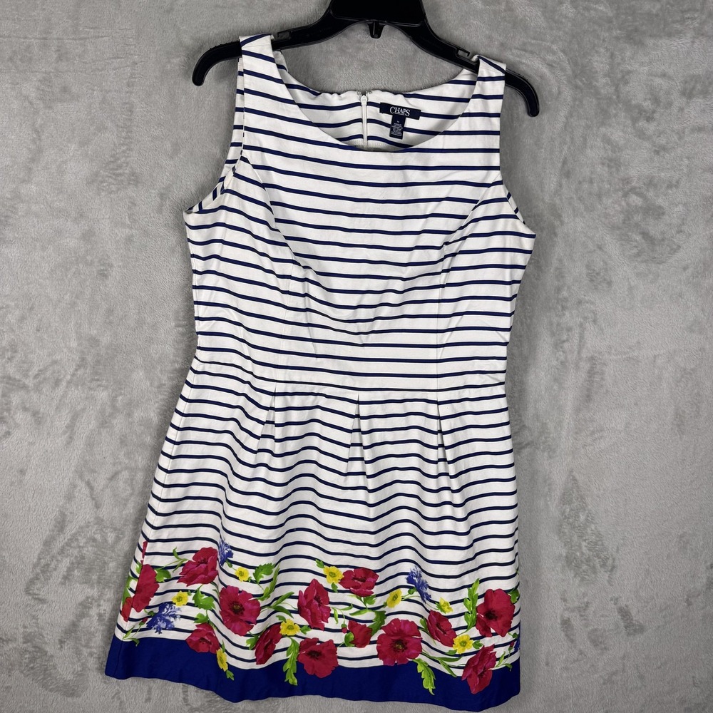 Chaps Dress Womens 14 White Blue Striped‎ Sleeveless Floral Nautical Fit Flare